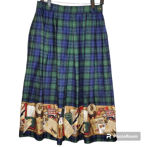 Vintage Sharon Young plaid pleated novelty printed midi skirt academia tartan - Picture 2 of 10